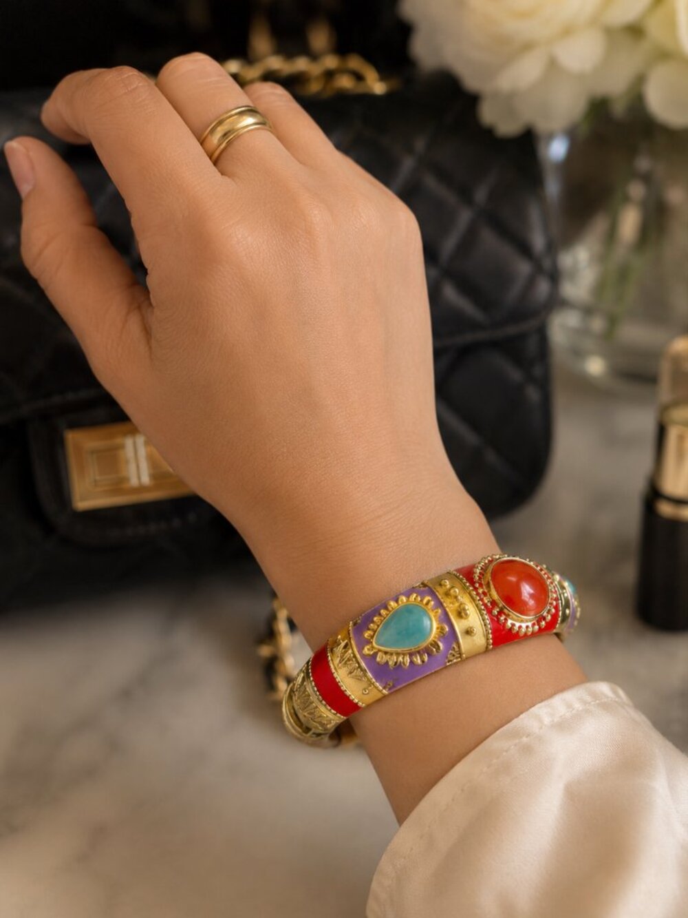 Vintage Style Southwestern Enamel Hinged Bangle Bracelet | Red Purple Turquoise